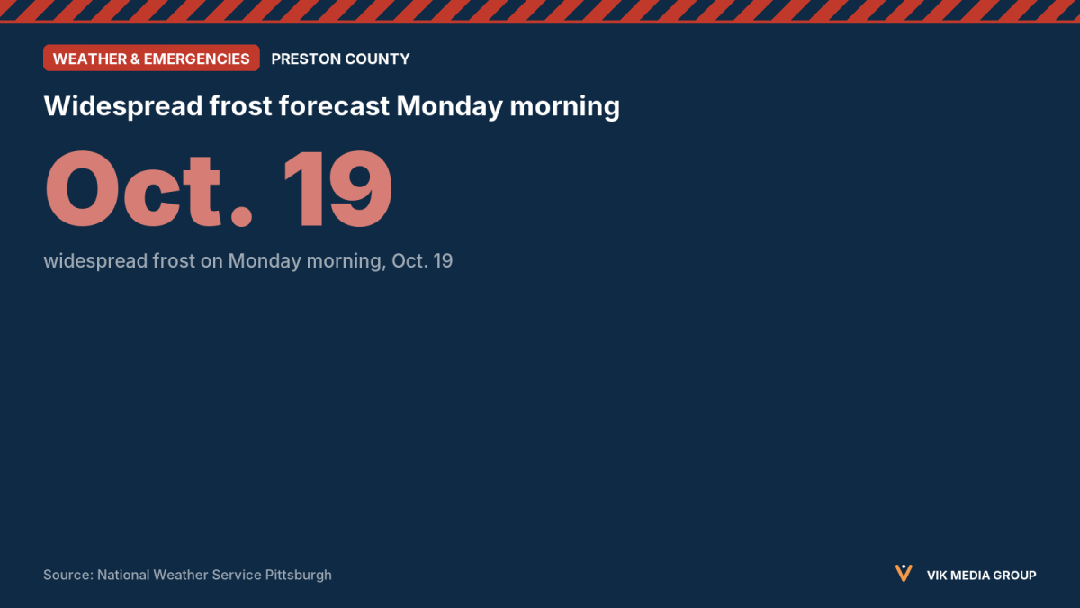 Card flagging widespread frost forecast for Monday morning, Oct. 19, in Preston County, West Virginia.