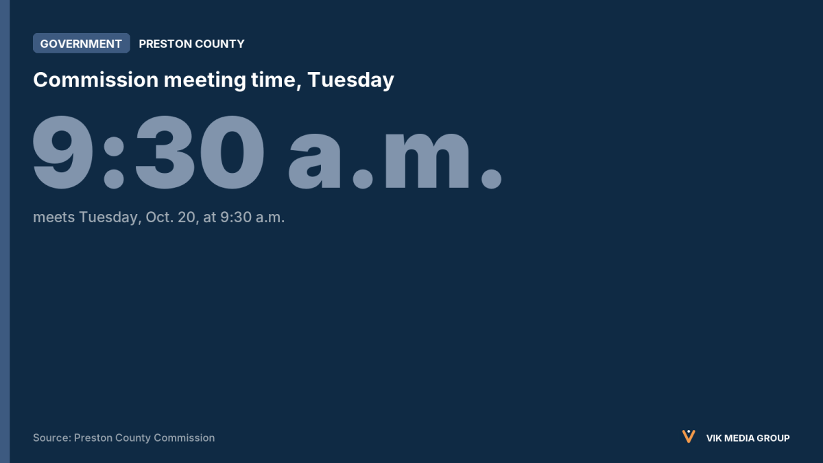 Card showing the Preston County Commission meets Tuesday, Oct. 20, at 9:30 a.m., with several EMS items on the agenda.
