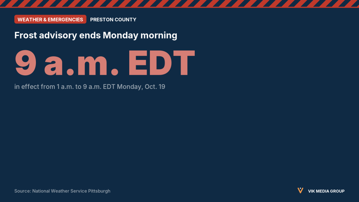 Card showing the 9 a.m. EDT Monday end time of a frost advisory for parts of northern West Virginia.