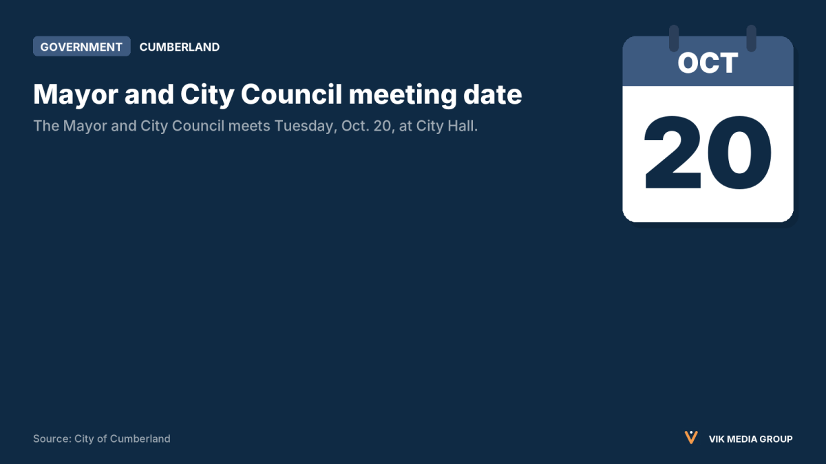 Calendar card showing the Cumberland, Maryland, Mayor and City Council meeting on Oct. 20, 2026.