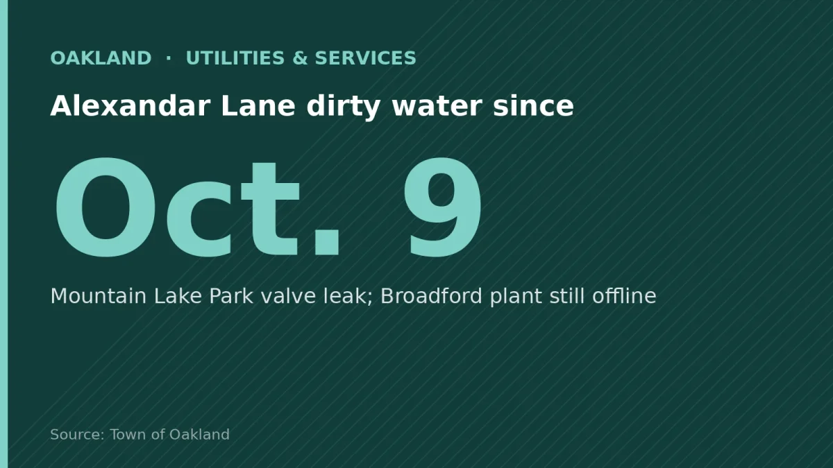 Alexandar Lane dirty water since: Oct. 9. Mountain Lake Park valve leak; Broadford plant still offline
