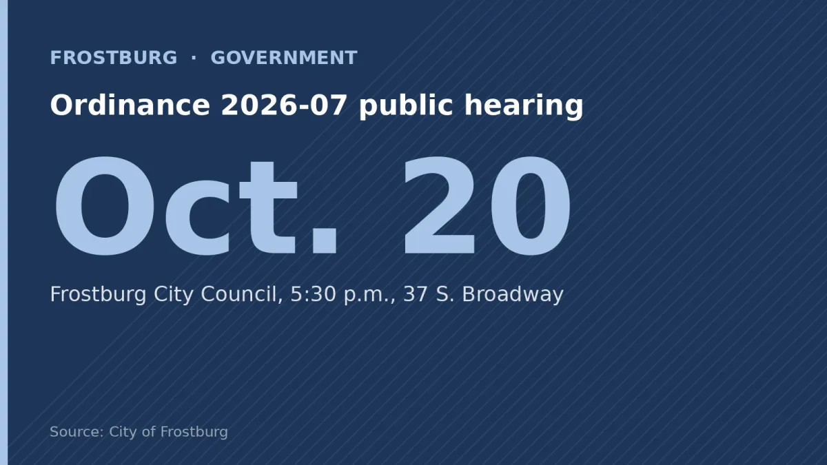 Ordinance 2026-07 public hearing: Oct. 20. Frostburg City Council, 5:30 p.m., 37 S. Broadway